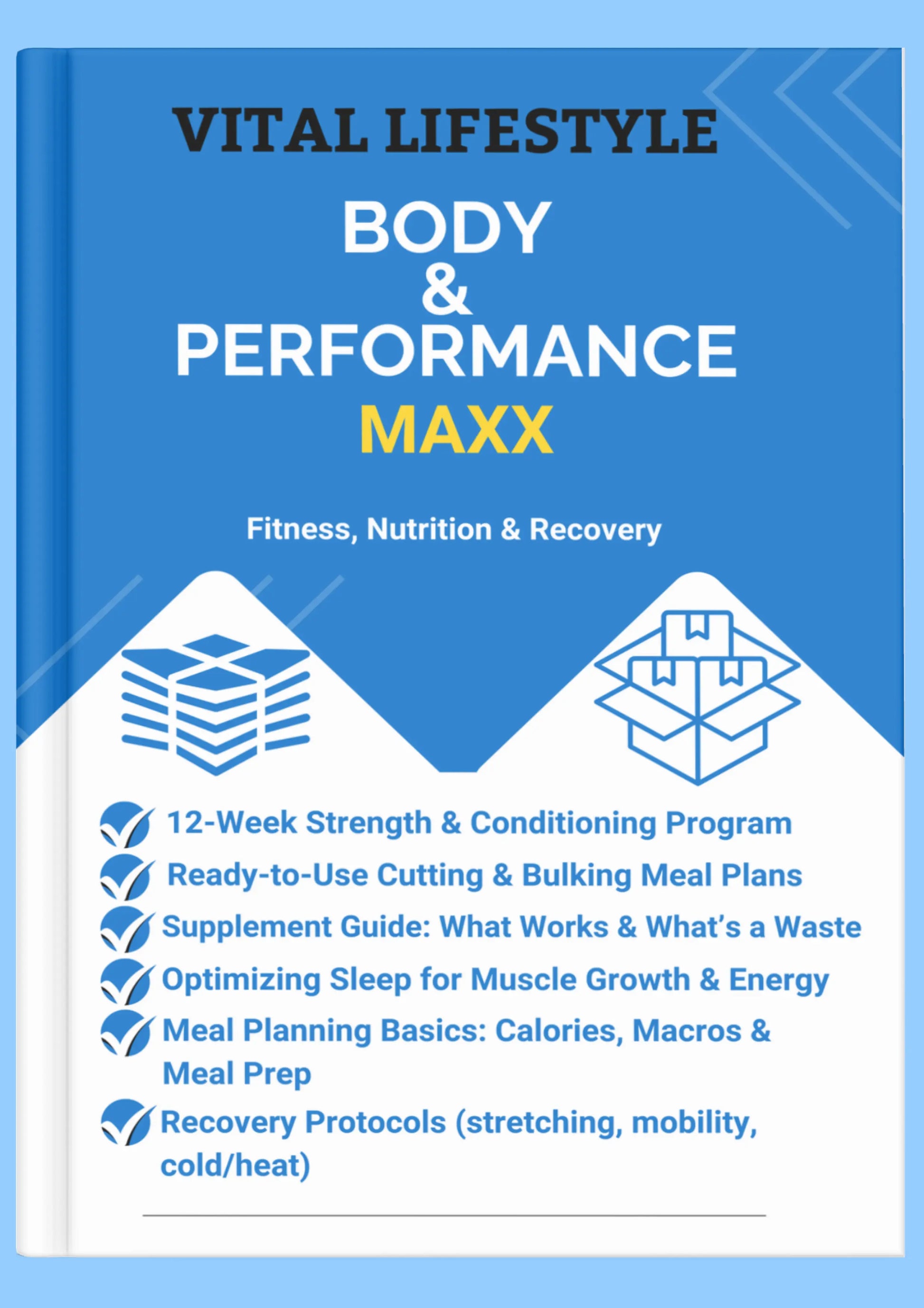 Book titled 'Vital Lifestyle Body & Performance Maxx' on a blue background