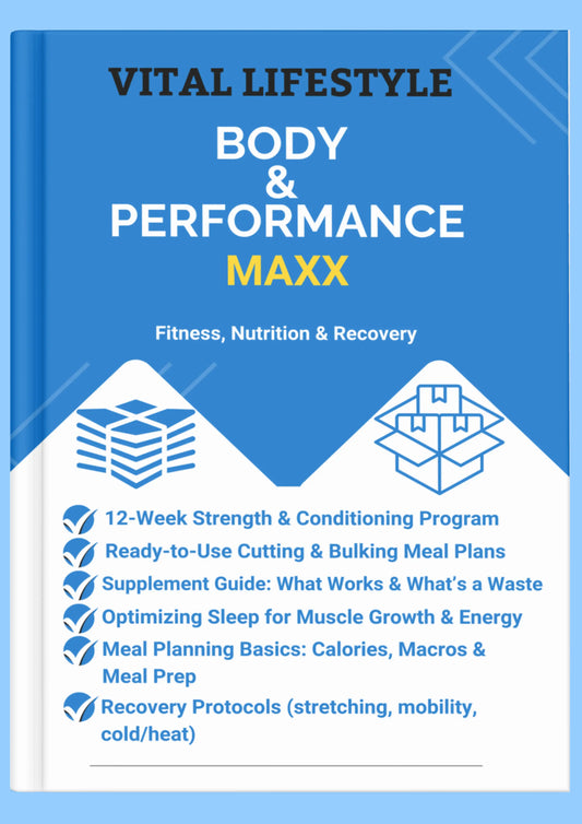 Book titled 'Vital Lifestyle Body & Performance Maxx' on a blue background
